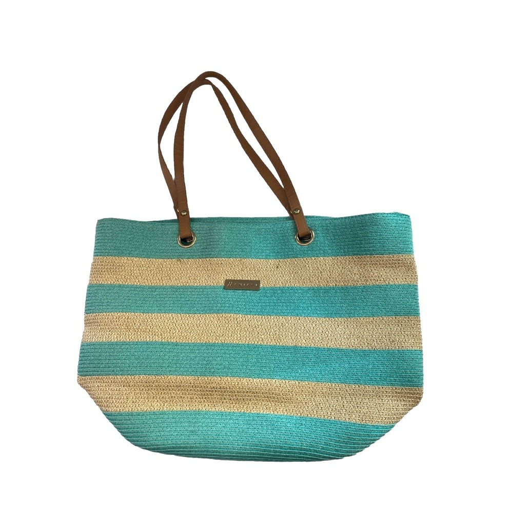 Teal Green Striped Beach Bag 18 X 13", 2 Inside Pockets 1 Zipper, Cruise wear